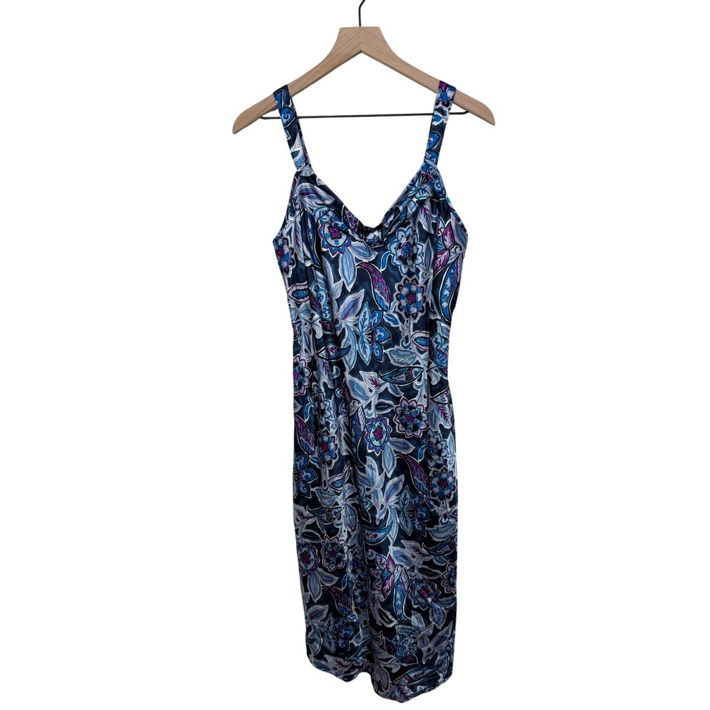 Vintage Floral Slip Dress Medium Blue Purple Satin‎ Like California Dynasty 90s